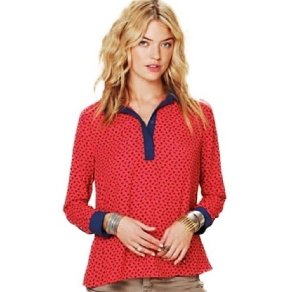 Free People Red & Blue Horse Print Long Sleeve Blouse M